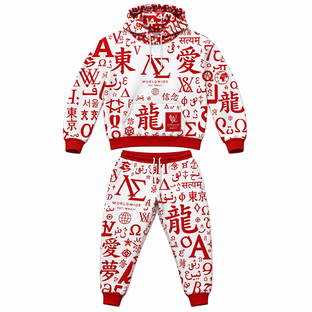Worldwide Script Sweatsuit Set - red and white all-over print matching hoodie and jogger