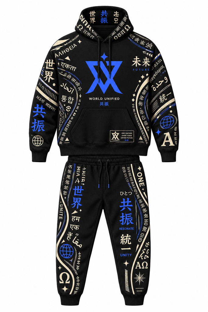 World Unified Tracksuit — all-over multilingual print streetwear jogging suit in black with electric blue accents
